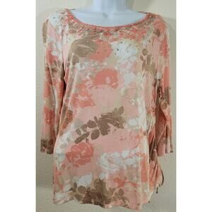 Ruby Rd Pink Salmon Floral Print Beaded Sequin Bodice Medium Lightweight Soft